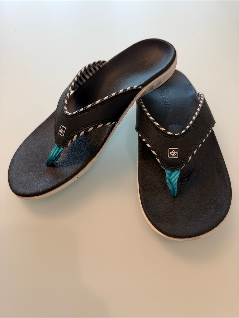 Navy Women's Yumi Thong Sandals with Teal Accent and Navy & White Piping Trim